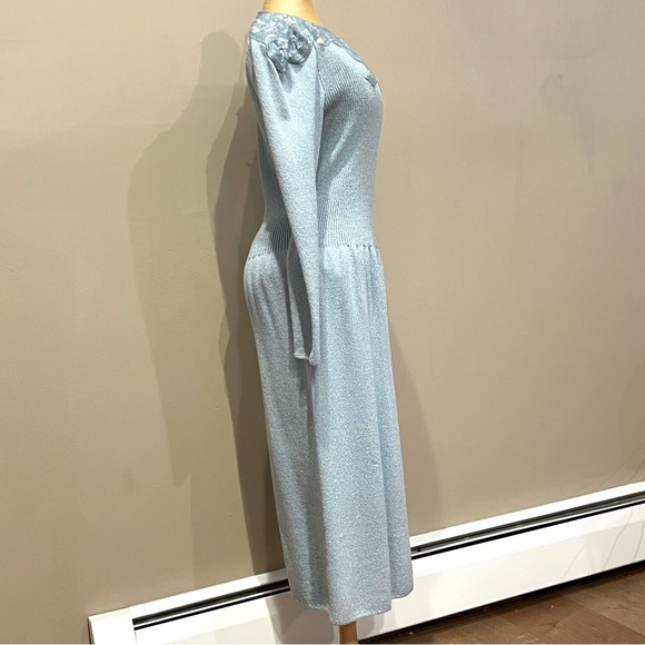 VTG Pat Sandler Wellmore Knit Dress Bow Sequins Blue Long Sheath Midi 6 Dynasty - Picture 4 of 12